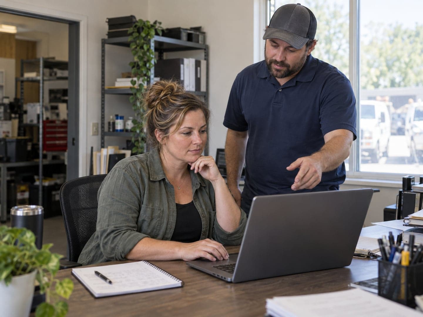 A small contractor’s co-owner reviewing a laptop with a colleague in a daylight office