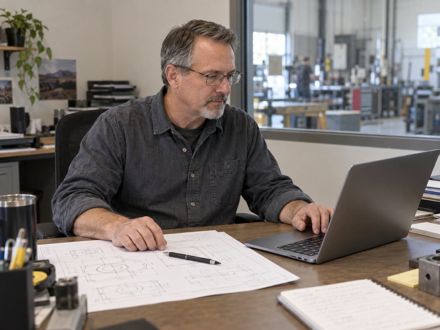 An estimator checking a laptop beside a printed drawing in a small fabrication shop office
